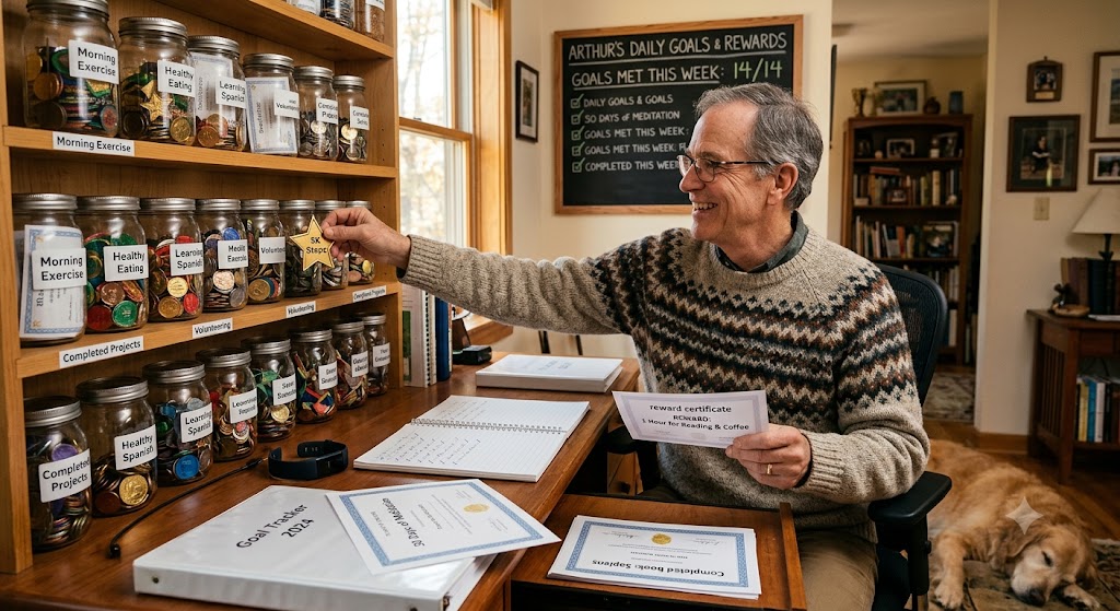 A man tracks daily goals and rewards with jars of tokens, a chalkboard scoreboard, and reward certificates.